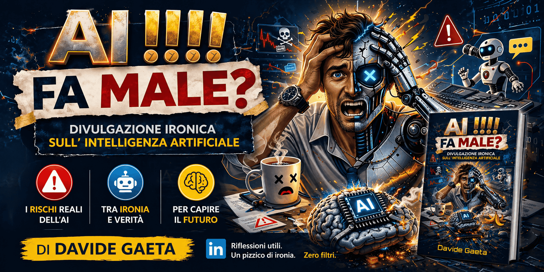 Flyer del libro AI!!!! FA MALE? di Davide Gaeta, guida ironica all'Intelligenza Artificiale
